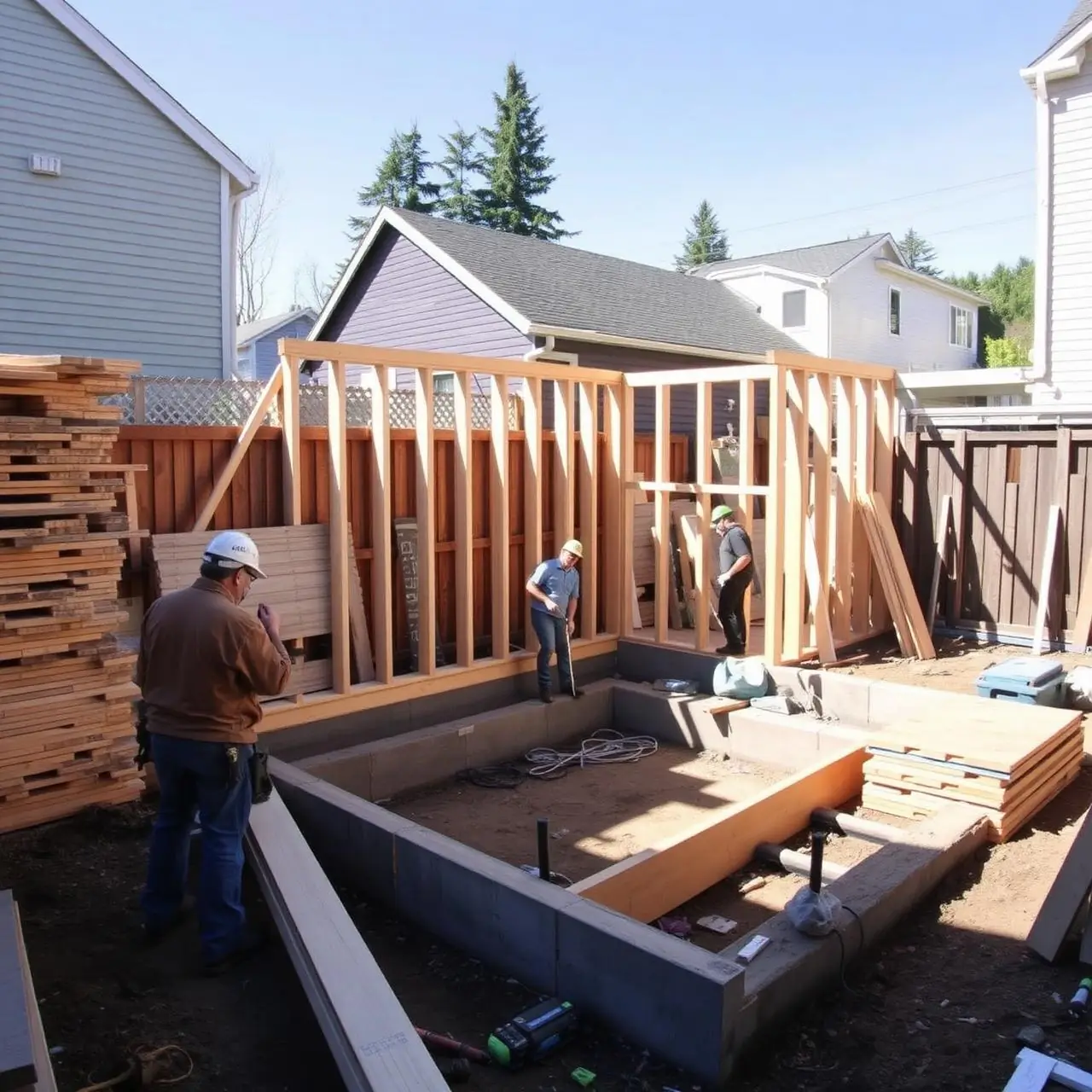 Golden State ADU Builders crew framing a backyard cottage in Seattle